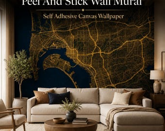 Dark Coastal Grid Peel and Stick Wallpaper,San Diego Harbor Lights Mural,  Gold Street Atlas