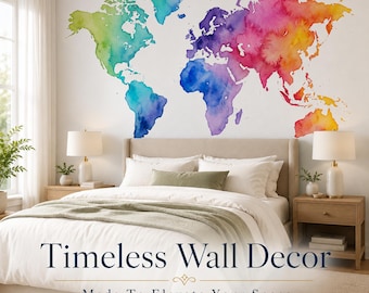 Rainbow Watercolor World Map Wall Mural, Peel and Stick Wallpaper, Kids Room Nursery Travel Decor