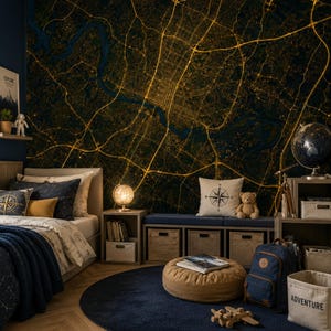 May include: A bedroom featuring a large wall mural of a city map at night with glowing yellow roads against a dark background. The room includes a bed with dark blue bedding, a round ottoman, a globe lamp, a compass pillow, and a blue backpack.