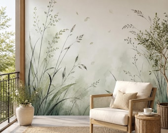 Soft Sage Meadow Wallpaper, Watercolor Grass Wall Mural, Peel and Stick Botanical Nursery Decor