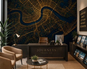 New Orleans Crescent River Map Mural, Noir Gold City Grid Peel and Stick Wallpaper for Office Wall