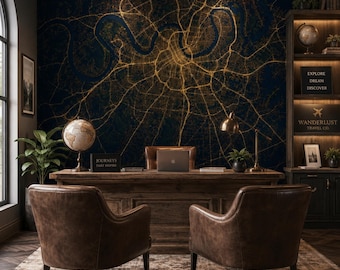 Glowing Nashville River Atlas Mural, Midnight Gold Street Network Peel and Stick Wallpaper