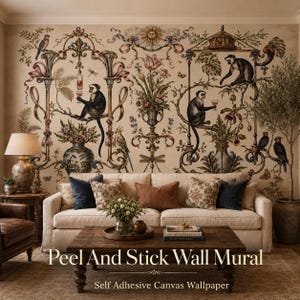May include: A peel and stick wall mural with a detailed, vintage design. The mural depicts monkeys, birds, flowers, and ornate architectural elements in neutral tones. The text "Peel And Stick Wall Mural" and "Self Adhesive Canvas Wallpaper" are visible.