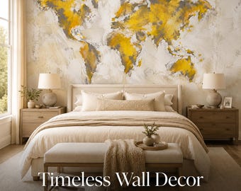 Abstract World Map Wallpaper, Yellow Gold Gray Peel and Stick Canvas Mural, Office Mural