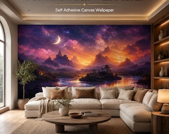 Galaxy Mountain Wallpaper Mural, Starry Lake Landscape, Celestial Peel and Stick Wall Decor