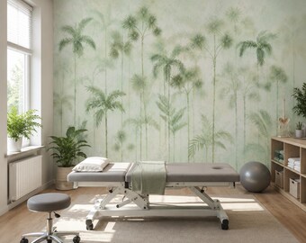 Faded Palm Silhouette Wall Mural, Soft Sage Tropical Wallpaper, Vintage Botanical
