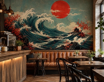 Rising Sun Wave Wall Mural, Japanese Ocean Wallpaper, Peel and Stick Coastal Art for Bedroom Decor