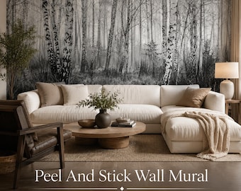 Monochrome Birch Grove Peel Stick Mural - Black White Forest Wallpaper for Calm Minimal Rooms