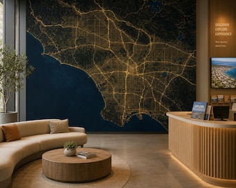 Los Angeles After Dark Map Wallpaper | Gold Grid Peel and Stick Wall Mural for Office Studio Loft Decor