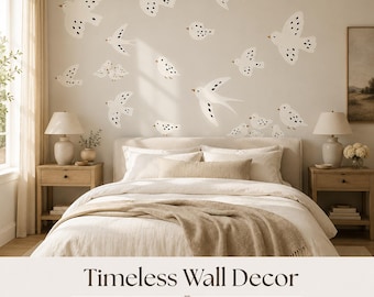 White Bird Canvas Wallpaper, Neutral Beige Peel and Stick Mural for Nursery Room