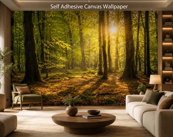 Golden Woodland Light Wall Mural, Peel and Stick Forest Wallpaper, Sunbeam Tree Landscape Mural