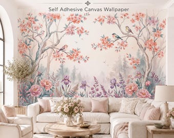 Pastel Blossom Garden Wallpaper, Watercolor Birds Floral Wall Mural, Peel and Stick Nursery Decor