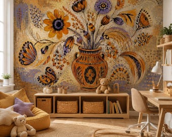 Folk Art Floral Vase Wallpaper Mural, Peel and Stick Botanical Butterfly Wall Decor