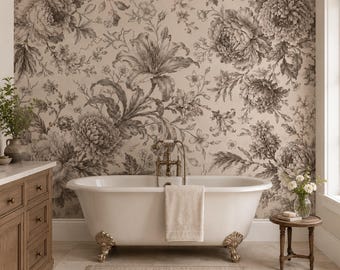 Sepia Floral Toile Wallpaper, Vintage Peony Wall Mural, Neutral Peel and Stick Botanical Wallpaper