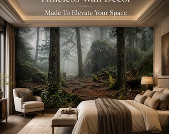 Foggy Forest Path Wall Mural, Mossy Woodland Wallpaper, Peel and Stick Pine Tree Room Decor