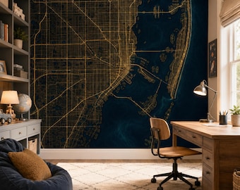 Miami Bay Line Wallpaper Mural | Navy Gold Coastal Street Map Peel and Stick