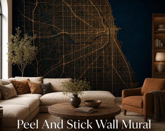 Chicago City Lights Map Mural, Dark Navy Lakefront Wallpaper with Metallic Gold Street Pattern, Peel and Stick