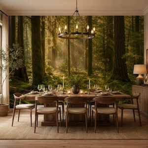 Mossy Pine Forest Wallpaper, Peel and Stick Woodland Wall Mural, Golden Sunbeam Tree for Bedroom