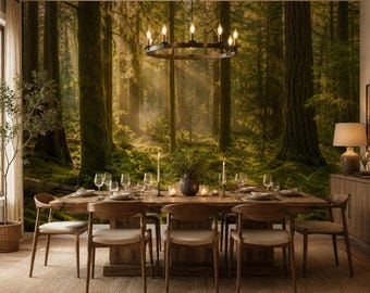 Mossy Pine Forest Wallpaper, Peel and Stick Woodland Wall Mural, Golden Sunbeam Tree for Bedroom
