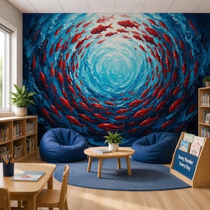Peut inclure: Une peinture murale vibrante représente un banc de poissons rouges nageant en cercle sur un fond bleu et blanc. Deux poufs bleus et une petite table en bois sont devant la peinture murale. Une bibliothèque en bois est à gauche.
