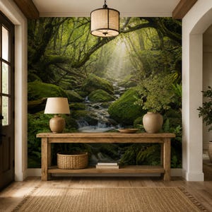 Forest Stream Mural, Peel-and-Stick Forest Stream Wallpaper, Green Nature-Themed Decor
