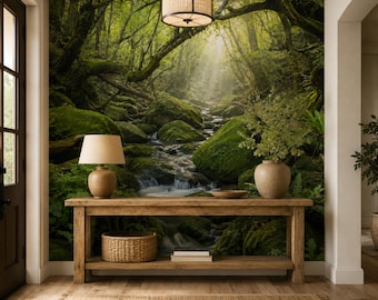 Forest Stream Mural, Peel-and-Stick Forest Stream Wallpaper, Green Nature-Themed Decor