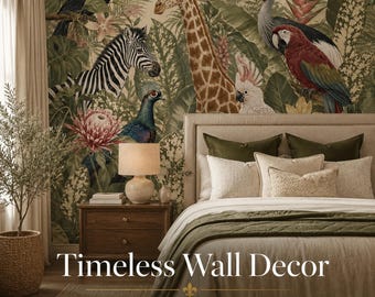 Vintage Safari Jungle Wall Mural, Peel and Stick Canvas Wallpaper with Giraffe Zebra Toucan Birds