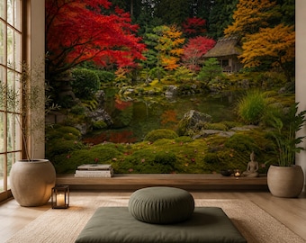 Japanese Autumn Garden Wall Mural, Red Maple Tree Wallpaper, Peaceful Pond Landscape