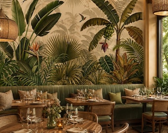 Misty Banana Palm Wallpaper, Hummingbird Tropical Peel and Stick Canvas Wall Mural