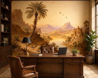 Sunlit Palm Oasis Wall Mural, Peel and Stick Desert River Wallpaper, Antique Ruins Landscape