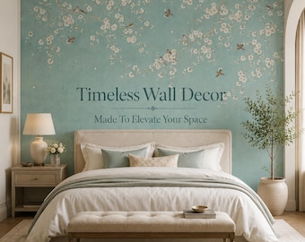 Light Blue White Cherry Blossom Mural, Birds & White Floral Peel and Stick Wallpaper