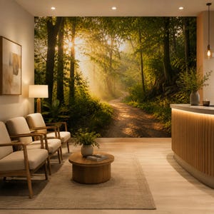 Puede incluir: Un gran mural de pared que representa un sendero forestal iluminado por el sol con árboles altos y luz dorada filtrándose a través de las hojas. La escena muestra un camino de tierra que serpentea a través de un denso follaje verde.