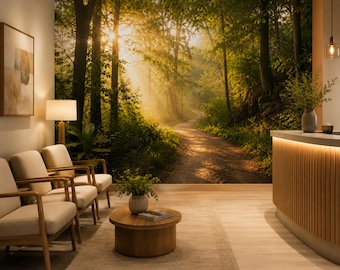 Green Woodland Trail Wallpaper, Peel and Stick Sunlit Forest Wall Mural for Living Room
