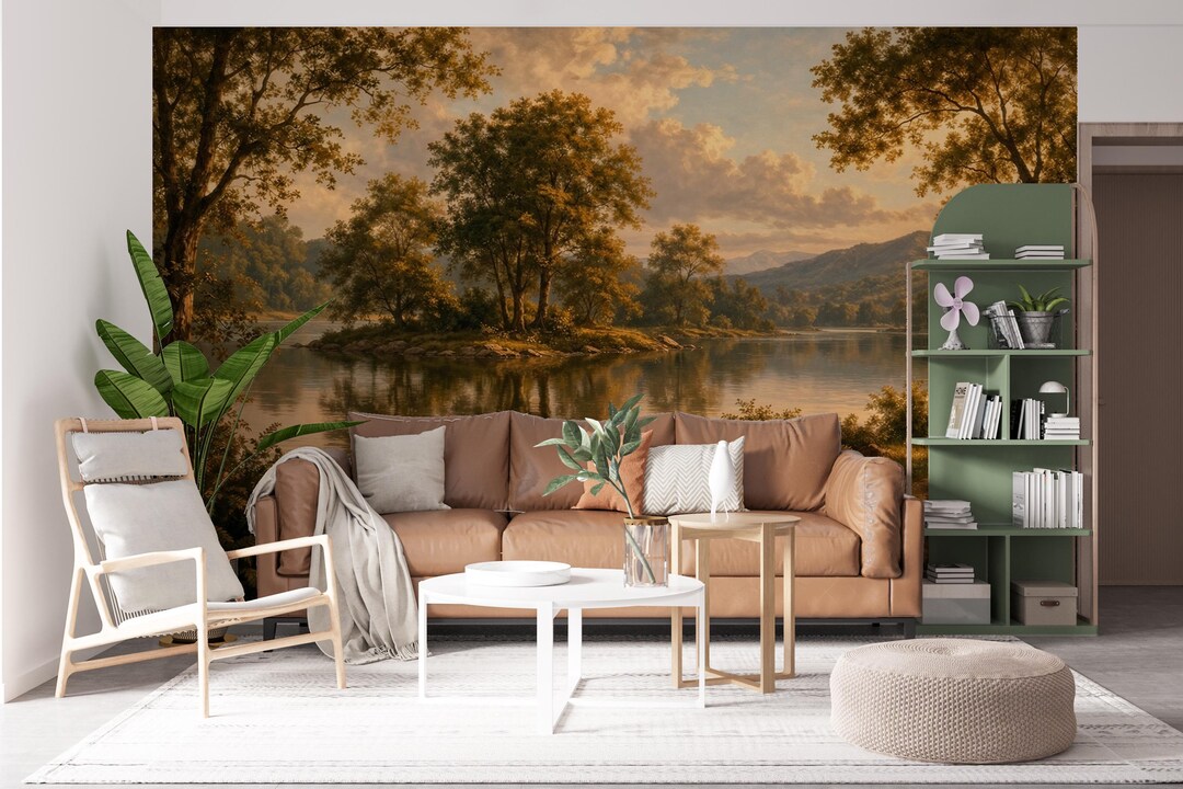Vintage Lake Landscape Wallpaper Mural, Golden Hour Forest Peel and ...