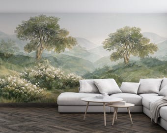 Vintage Countryside Landscape Wallpaper, Watercolor Meadow Path Mural, Sage Green Nature Wall Decor