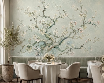 Watercolor Blossom Branch Wallpaper, Soft Sage Peel and Stick Floral Wall Mural