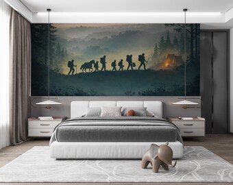 Misty Forest Camping Wallpaper Mural, Family Hiking Peel and Stick, Adventure Landscape Wall Decor