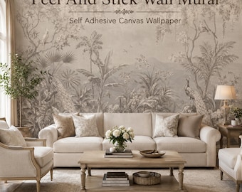 Grey Peacock Wall Mural, Peel and Stick Floral Toile Wallpaper with Wisteria Birds