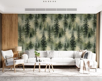 Vintage Pine Forest Mural, Academia Wall Decor, Foggy Mountain Woodland Wallpaper, Renter Friendly Peel and Stick Antique Nature Art
