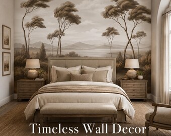 Sepia Lake Landscape Canvas Wallpaper, Peel and Stick Vintage Tree Wall Mural