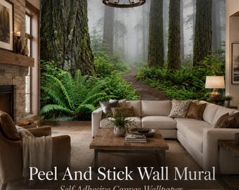 Misty Forest Path Wall Mural, Green Woodland Wallpaper