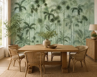 Sage Palm Grove Wallpaper, Watercolor Tropical Wall Mural, Peel and Stick Bedroom