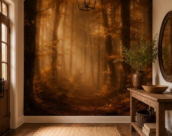 Amber Woodland Trail Wallpaper, Autumn Forest Wall Mural for Bedroom