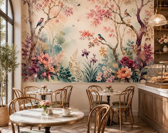 Watercolor Floral Forest Peel and Stick Wallpaper, Blossom Grove Birds Wall Muralfor sursery Bedroom
