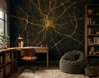 Dark Atlanta Road Atlas Wallpaper, Golden Downtown Grid Wall Mural for Study, Den and Workspace