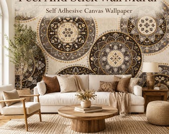 Gray Gold Moroccan Mandala Wallpaper, Boho Medallion Peel and Stick Wall Mural