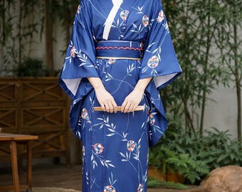 Japanese kimono with blue flowers for women-Asian Elegance