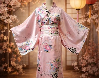 Japanese kimono with pink flowers for women-Asian Elegance
