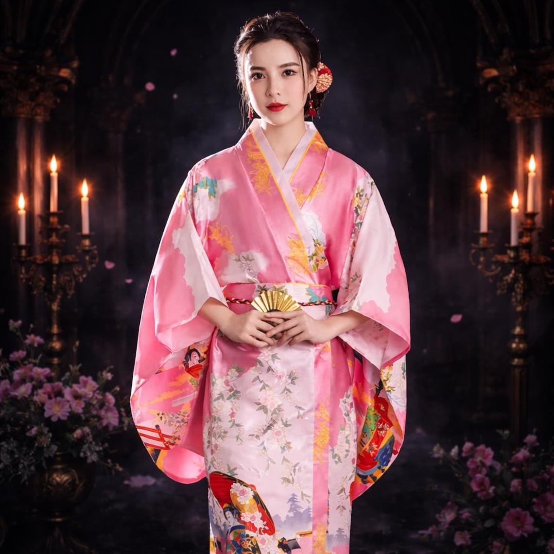 Pink Floral Japanese Kimono Robe for Women – Satin Yukata Style ...