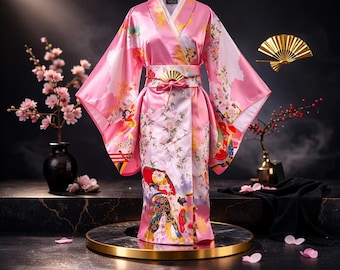 Roze bloemen Japanse kimono-badjas voor dames – satijnen yukata-stijl, elegante Aziatische loungewear